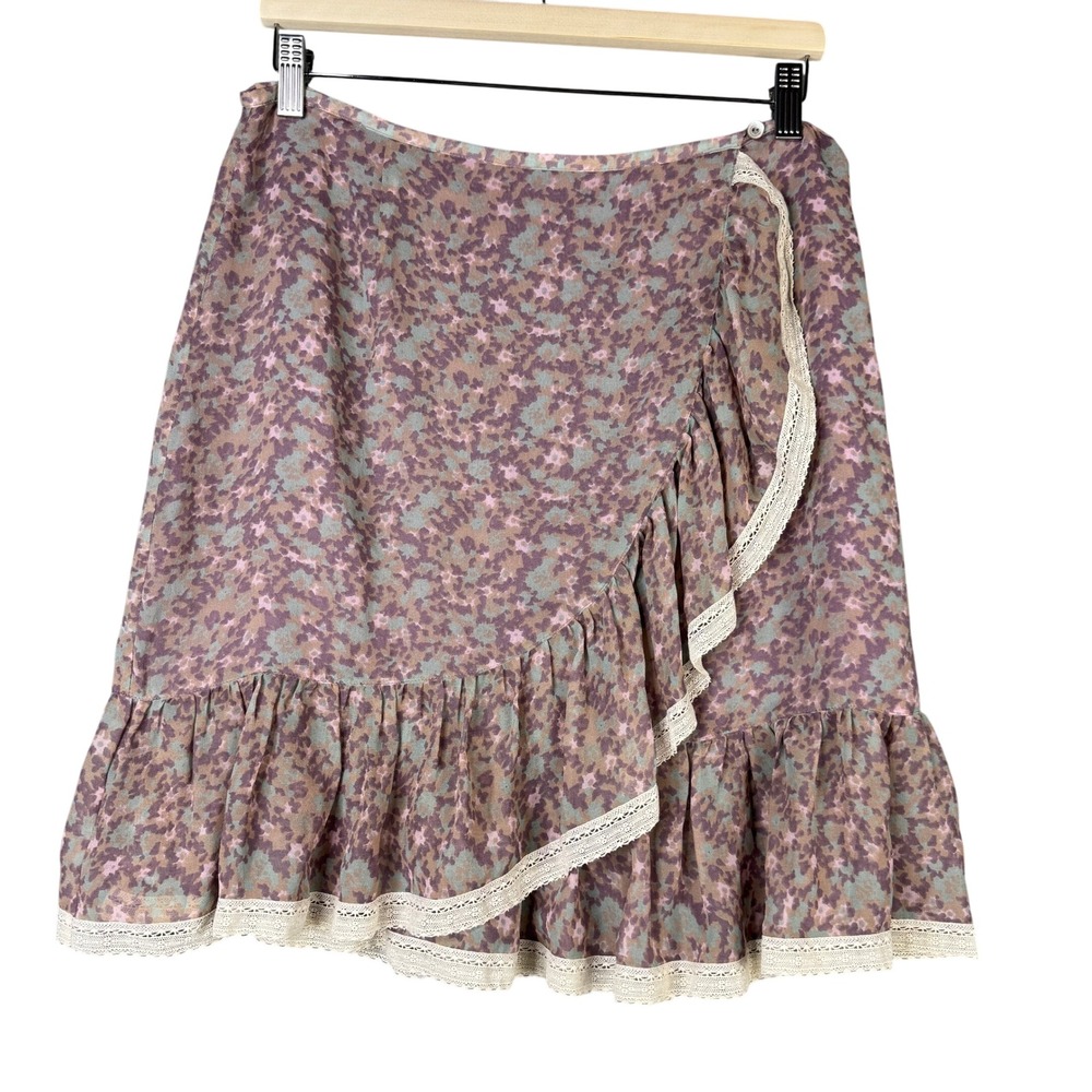 Sundance P10 Silk Floral Faux Wrap Ruffle Skirt Lace Trim Purple Petite 10